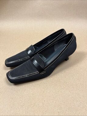 Stuart Weitzman Black Canvas Penny Loafer Heels Size 8.5 Office Chic Square Toe
